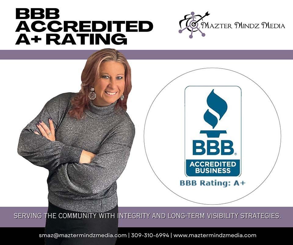 Woman beside BBB Accredited A+ Rating badge in a purple marketing banner
