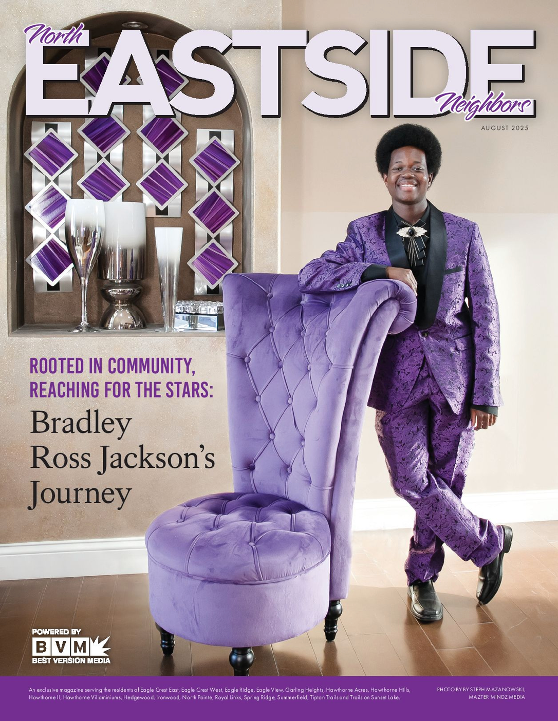 Magazine cover featuring a man in a purple suit beside a purple chair, titled “EASTSIDE.”
