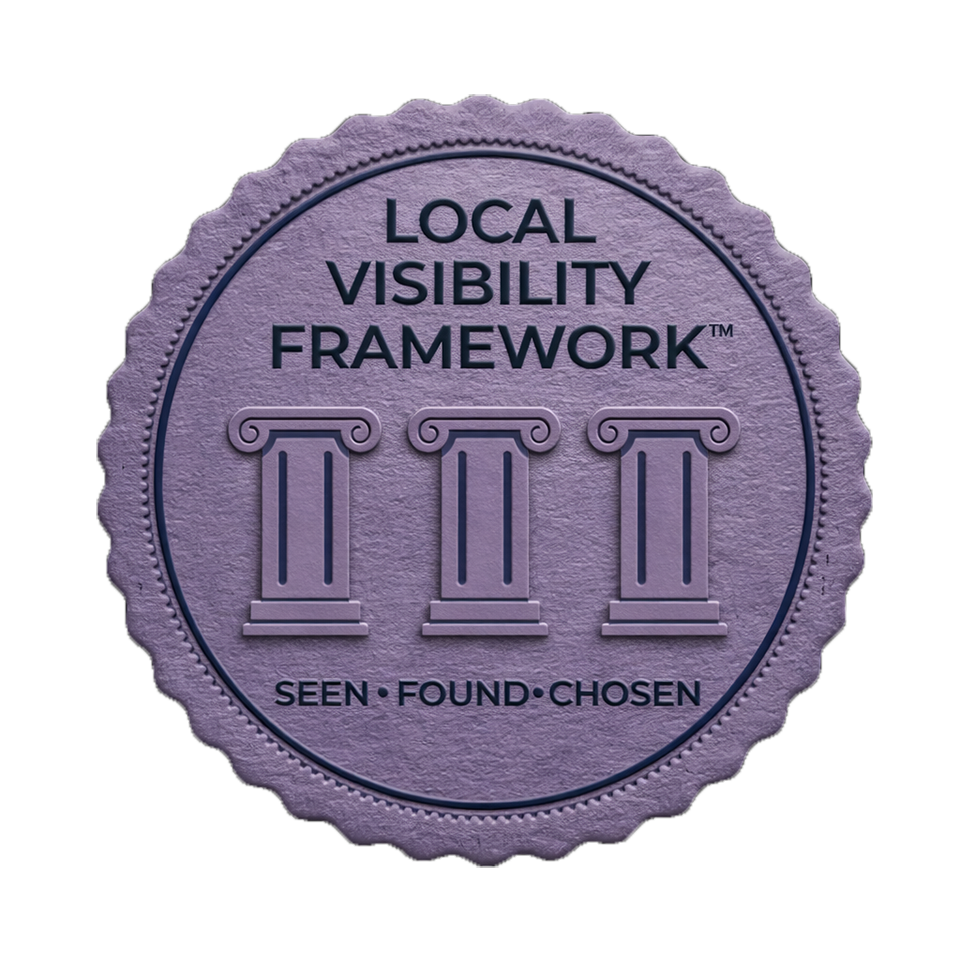 Purple “Local Visibility Framework” badge with three columns and “Seen • Found • Chosen” text