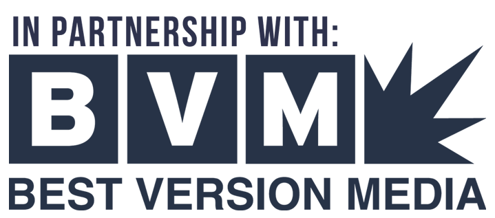 BVM Best Version Media logo with blue and white text and maple leaf icon, “In Partnership With” above