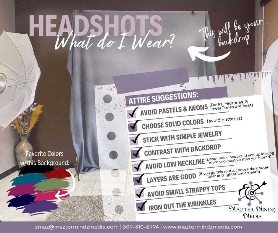 Headshot wardrobe tips infographic with clothing do’s and don’ts on a corkboard background