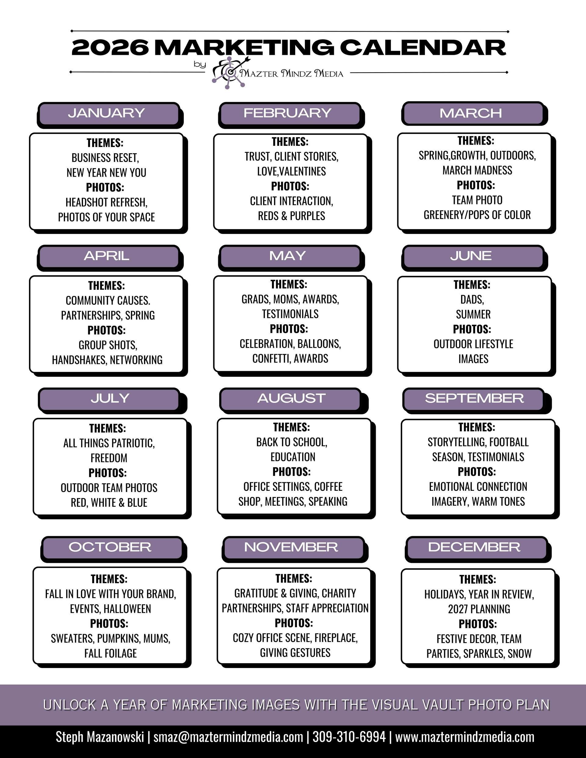 2026 marketing calendar infographic with 12 monthly boxes in purple and white.