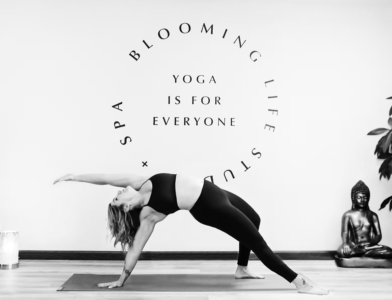 Woman doing a yoga backbend in a minimalist studio with “Yoga is for everyone” text.