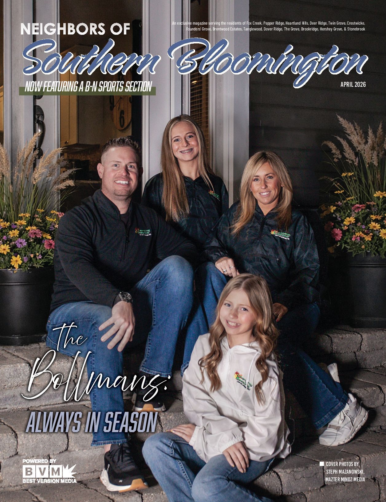 Family portrait on a porch with flower planters; magazine cover for Neighbors of Northern Bloomington.