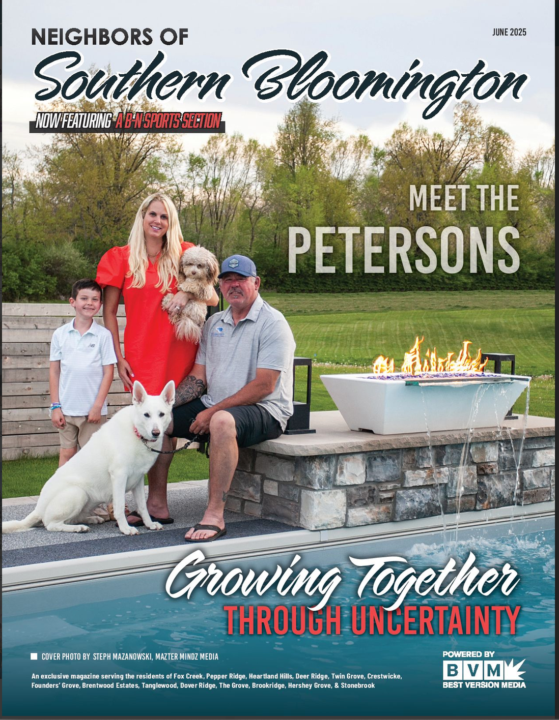 Magazine cover: family with dog by outdoor fire pit, “Meet the Petersons” and “Growing Together Through Inheritance”