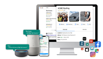 Smart home devices and a desktop dashboard with connected app and social media icons on a white background