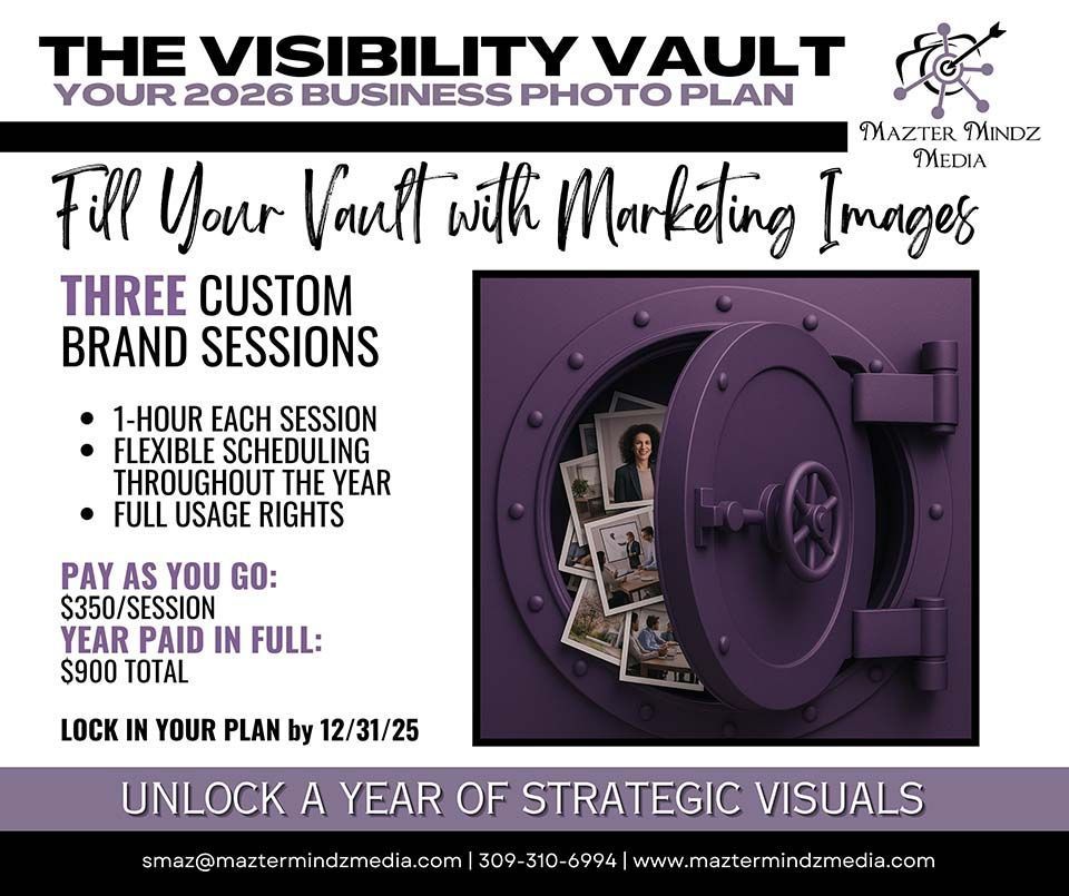 Flyer for “The Visibility Vault” business photo plan with purple vault graphic and pricing details