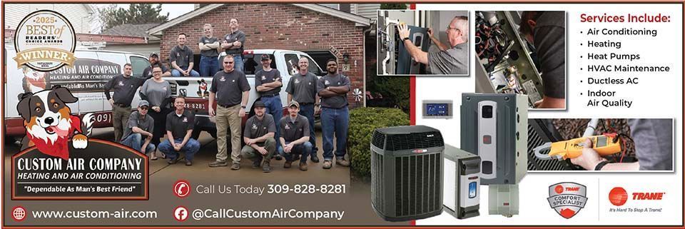 Large group photo in garage with custom off-road truck, service text, and product images advertising repairs