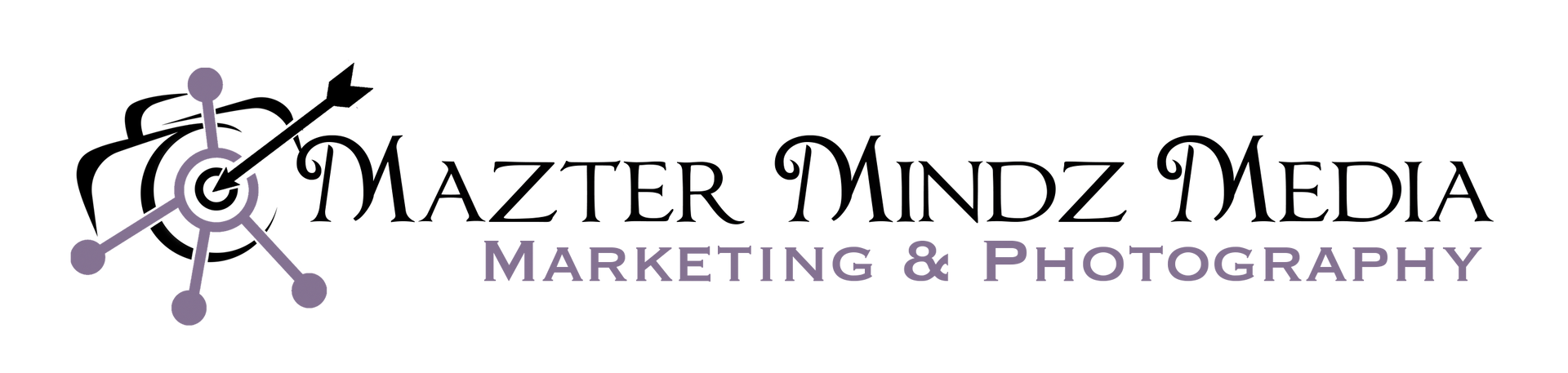 Mazter Mindz Media logo with purple decorative text and a stylized film reel icon on a white background