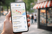 Hand holding a smartphone showing Google Maps search results on a city street sidewalk