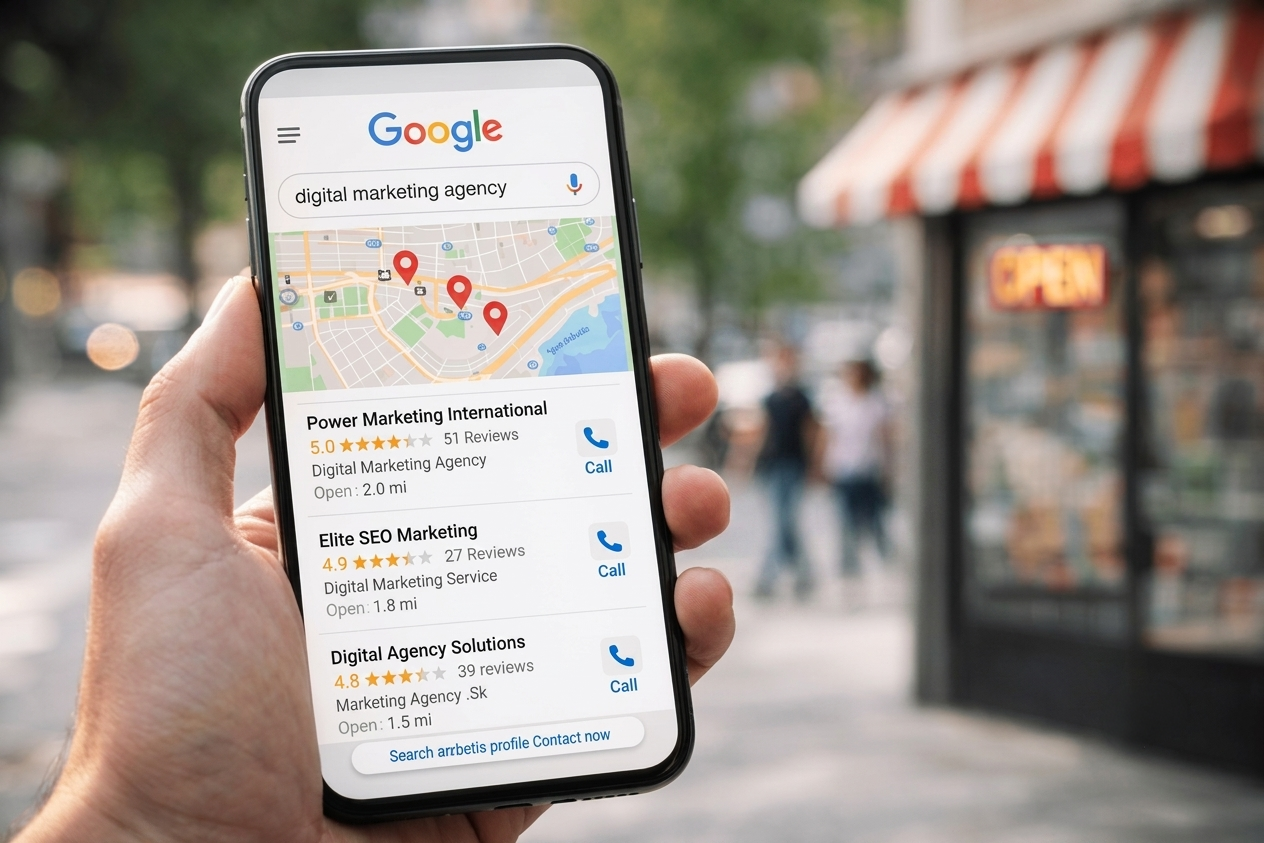 Hand holding a smartphone showing Google Maps search results on a city street sidewalk