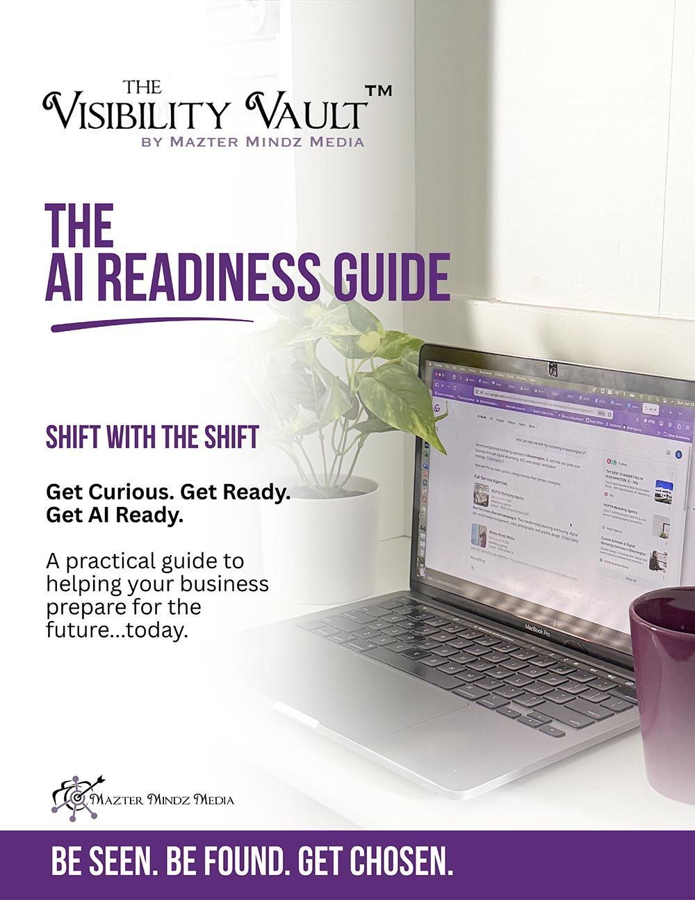Promotional cover for “The Readiness Guide” with a laptop and purple coffee mug on a white desk.