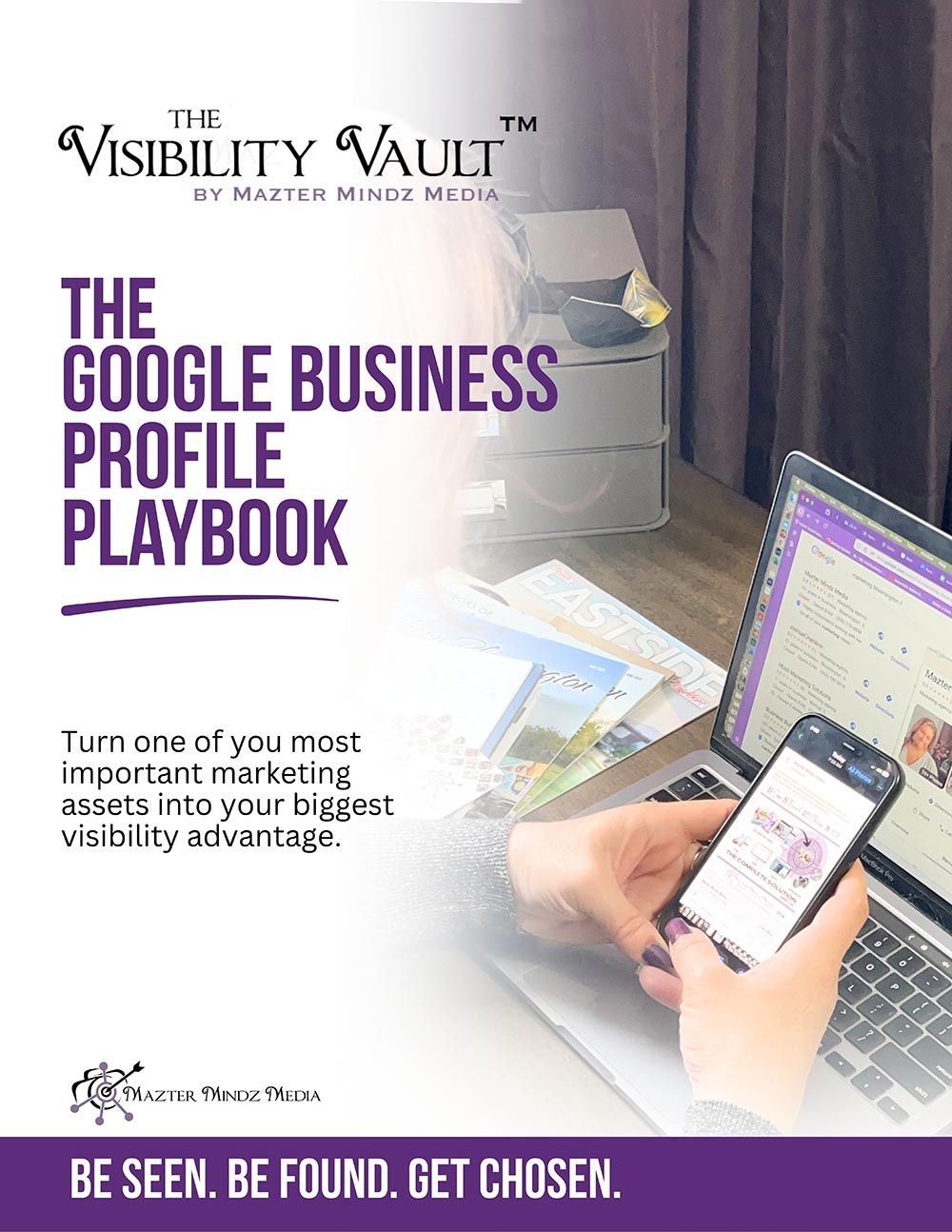 Promotional flyer for The Google Business Profile Playbook with laptop and phone on a desk