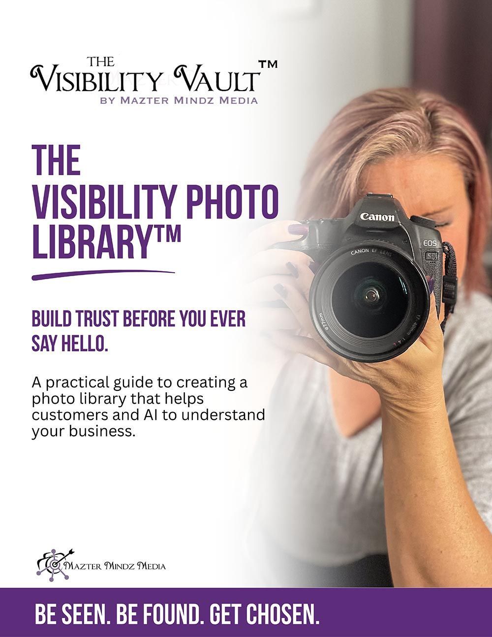 Promotional poster for The Visibility Photo Library with woman holding a camera and purple text banner