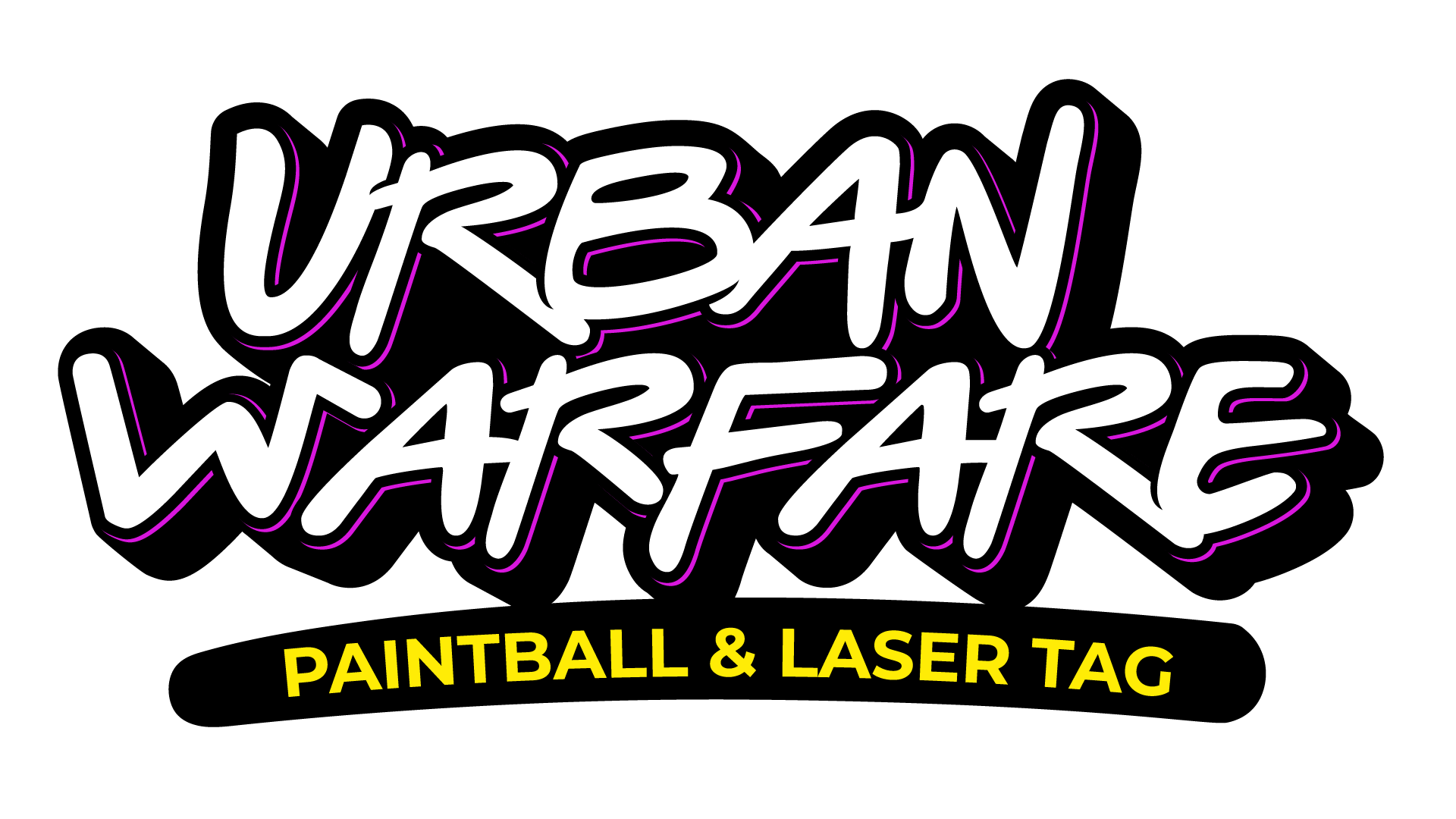 Urban Warfare logo in black, white, and pink with “Paintball & Laser Tag” on a yellow banner