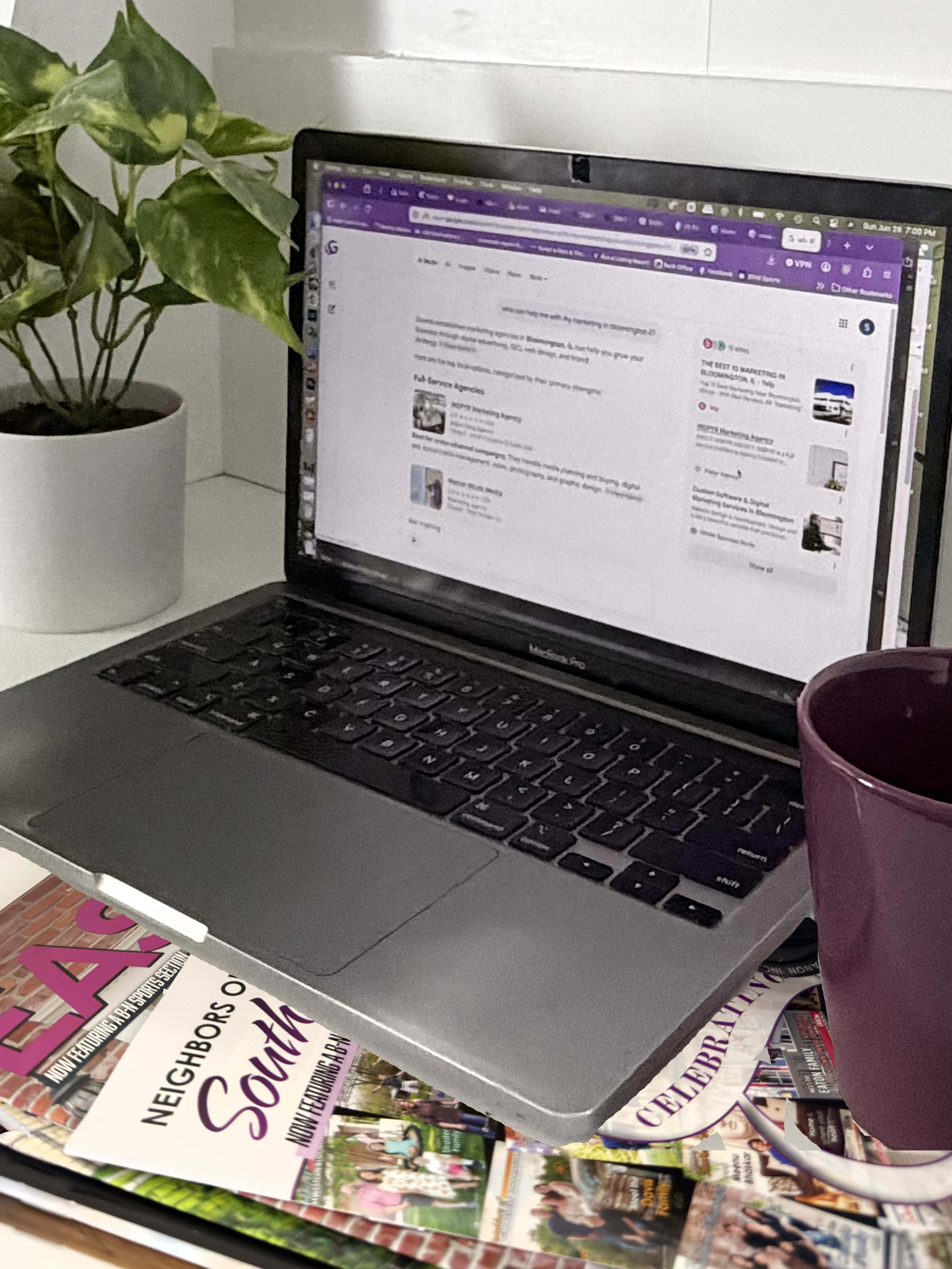 Laptop on a desk beside a potted plant and purple mug, with magazines underneath.