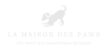 Ein weißes Logo mit der Silhouette eines Hundes darauf.