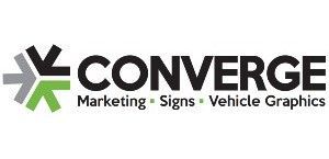 The logo for converge marketing signs vehicle graphics is black and green.