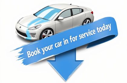 Car with banner and arrow pointing down, saying