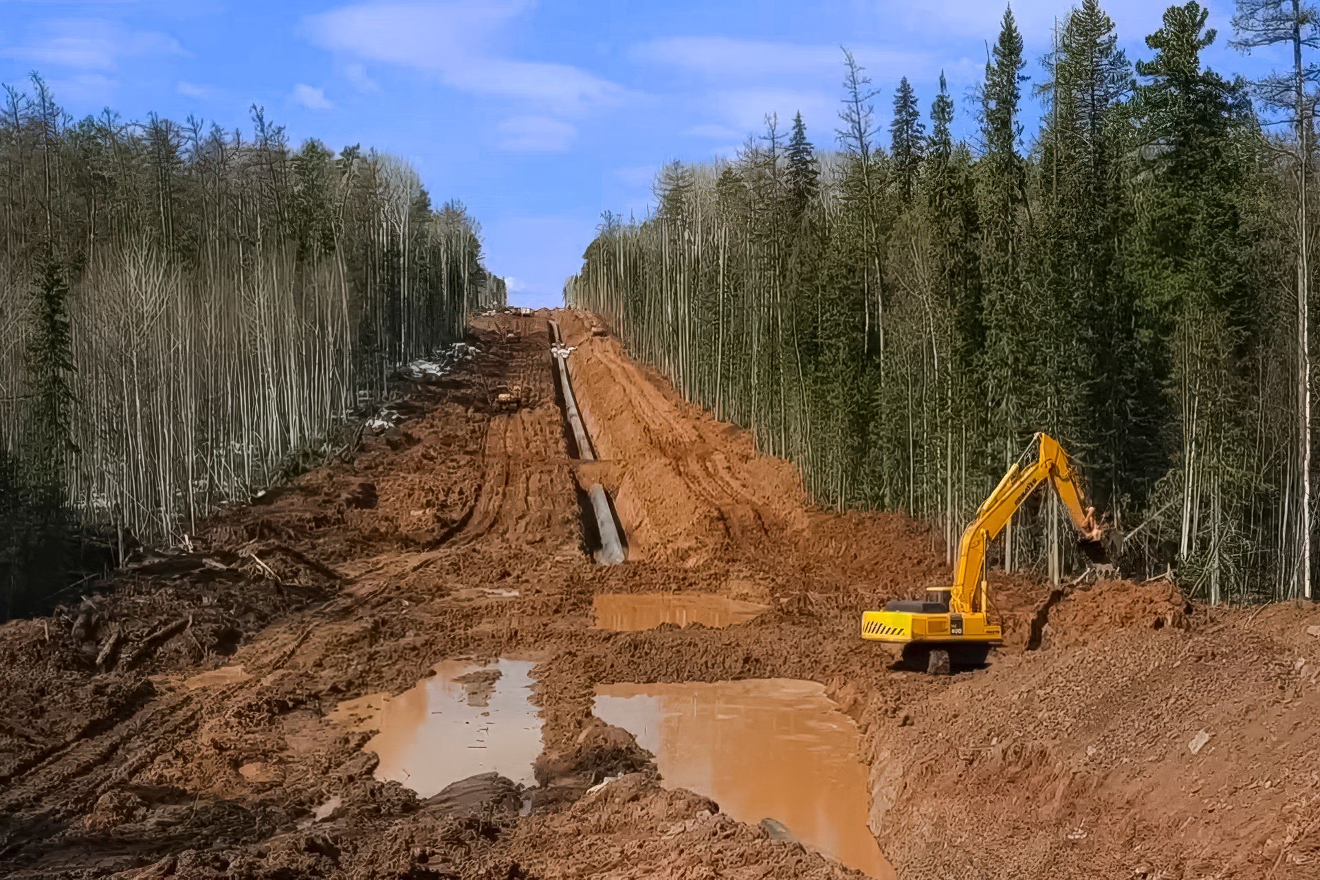 Excavator clearing a muddy forest road through a logged area with trees on both sides