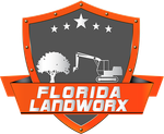 Florida Landworx logo with orange shield, tree, excavator, and stars