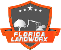 Florida Landworx logo with orange shield, tree, excavator, and stars