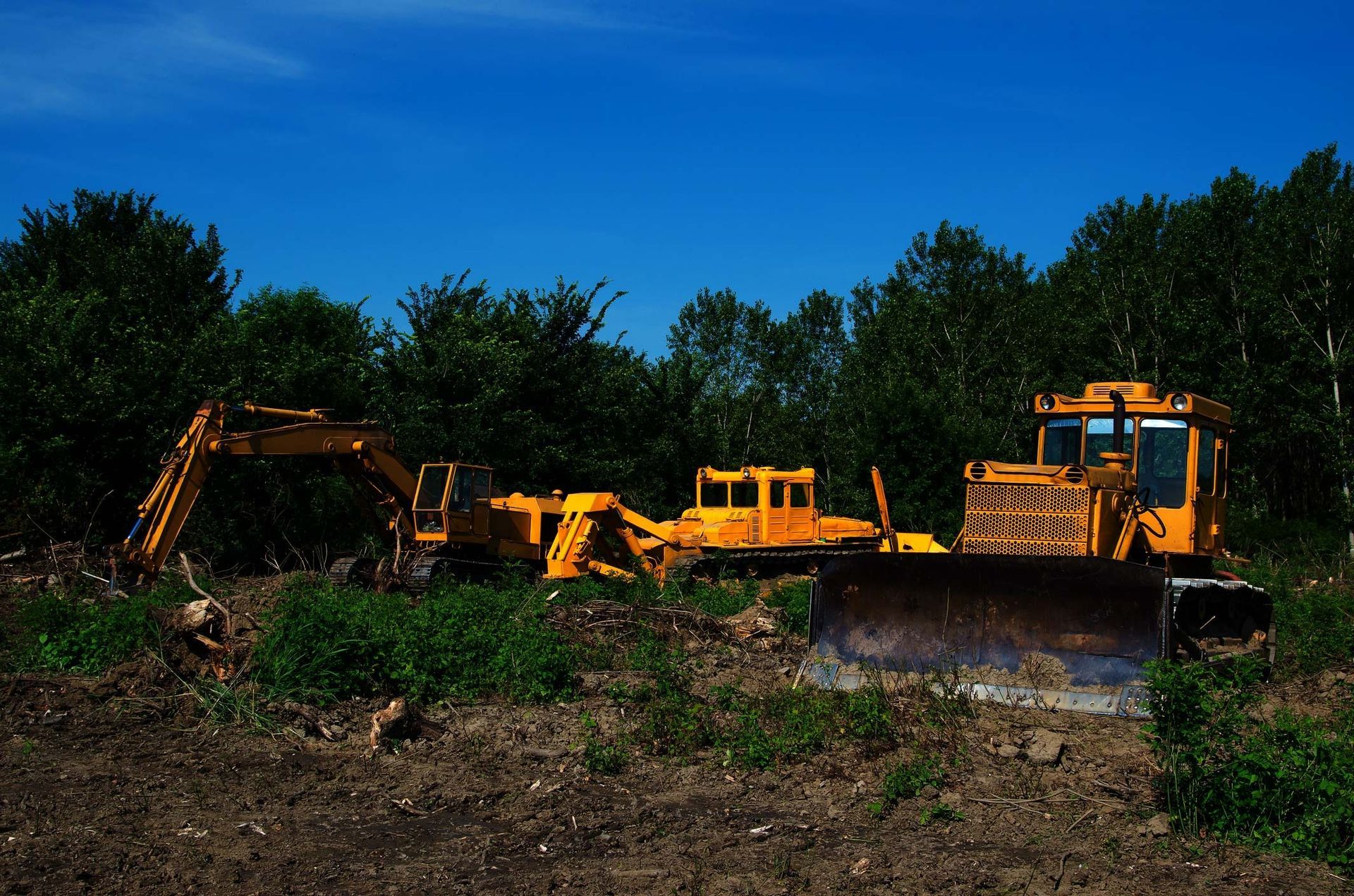 Yellow construction equipment parked in a dirt clearing under a blue sky, with trees in the background