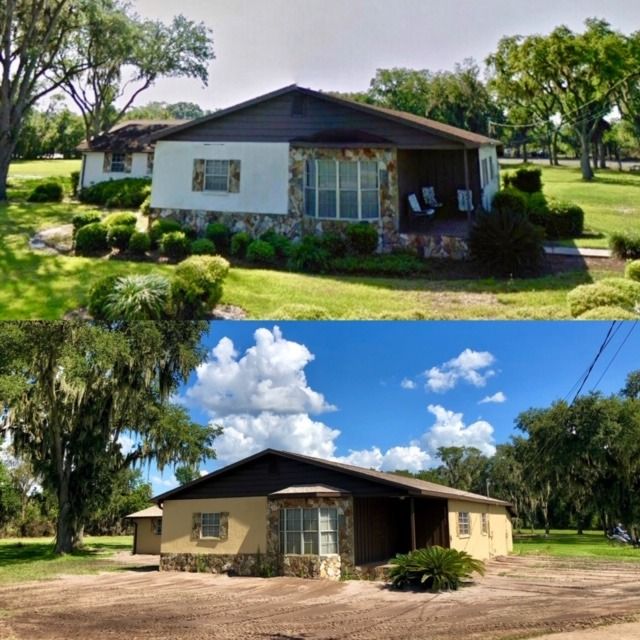 Split before-and-after view of a small house and yard in a sunny rural setting