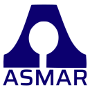 Logotipo azul de ASMAR con una letra "A" estilizada y un círculo blanco. La palabra ASMAR debajo.
