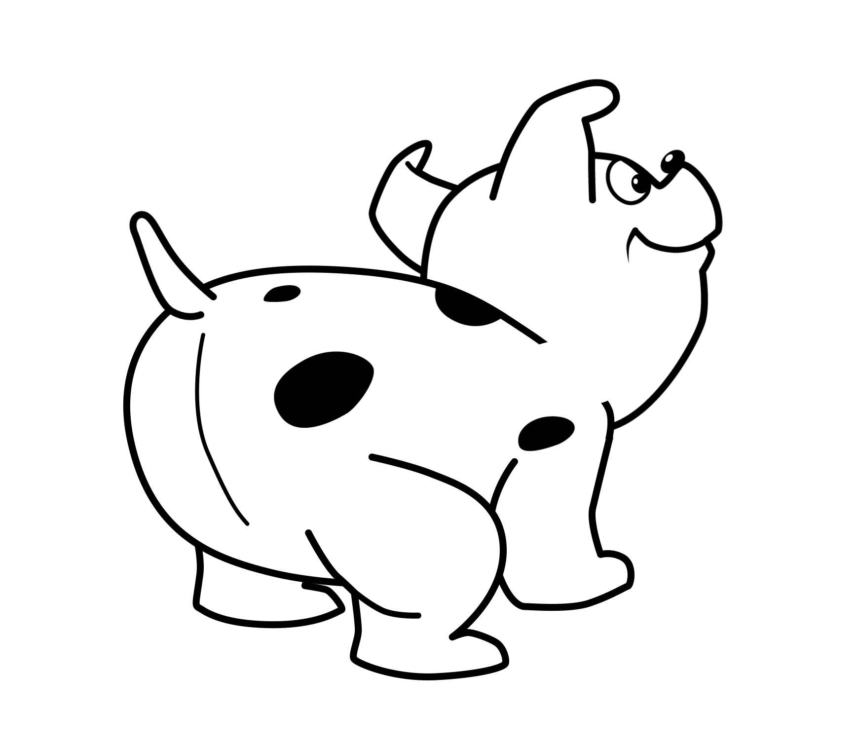 Cartoon dog with black spots looking back, tail raised, in a playful pose on a white background