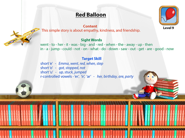 Classroom whiteboard titled “Red Balloon” with colorful text, a toy plane, soccer ball, and stuffed doll on books