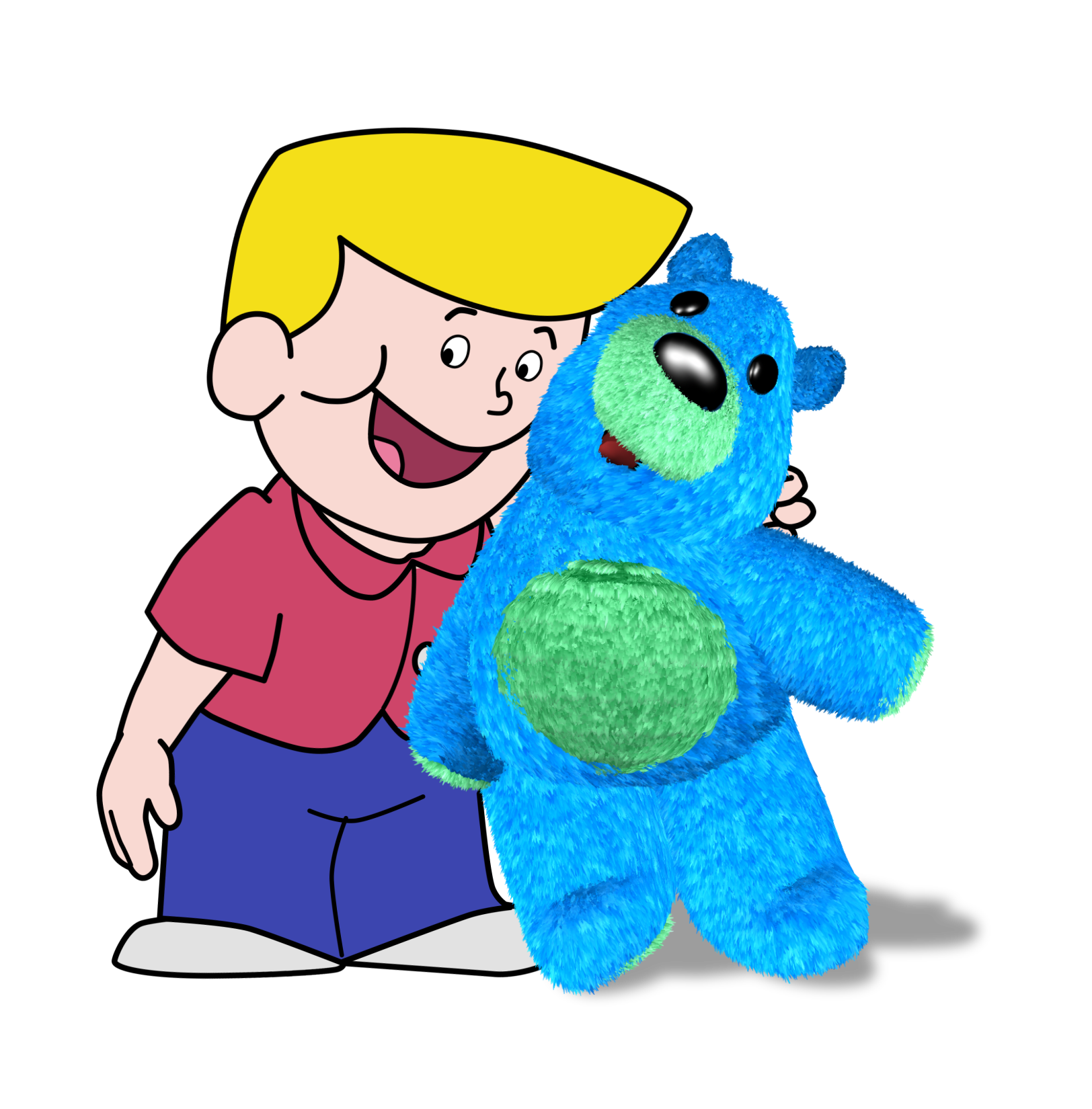 Smiling cartoon child hugging a blue teddy bear toy on a white background