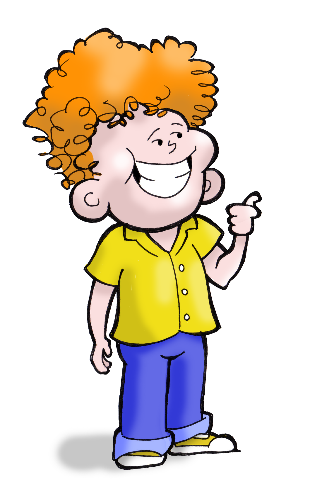Cartoon character with orange curly hair, yellow shirt, and blue pants, smiling and giving a thumbs-up