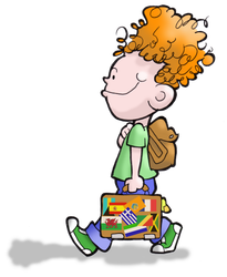 Cartoon child walking with backpack, carrying a colorful suitcase with flags.