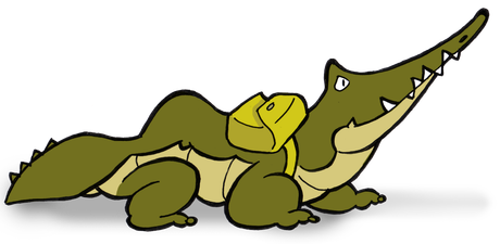 Cartoon green crocodile lounging with a smaller crocodile on its back