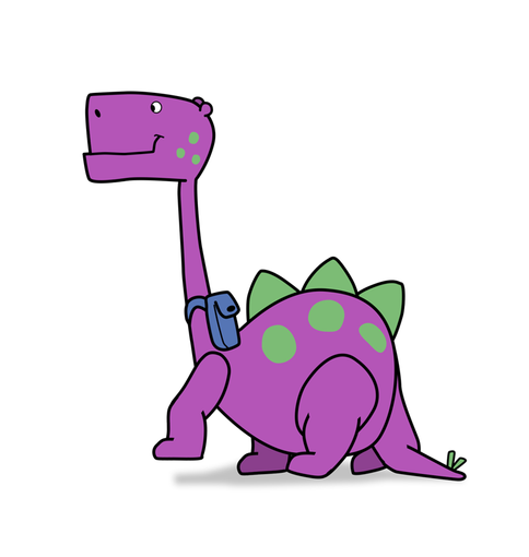 Cartoon purple dinosaur with green spots and teal back plates, sitting in profile.
