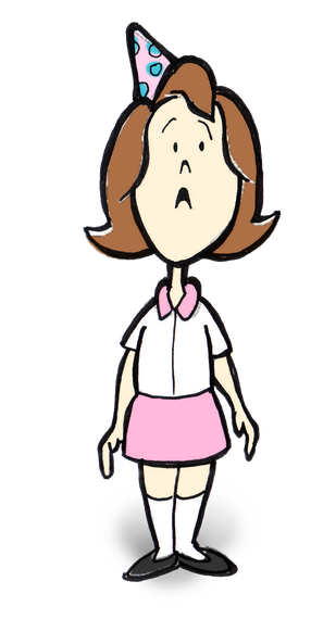 Cartoon girl in a pink dress and white socks, standing with a worried expression and a party hat.