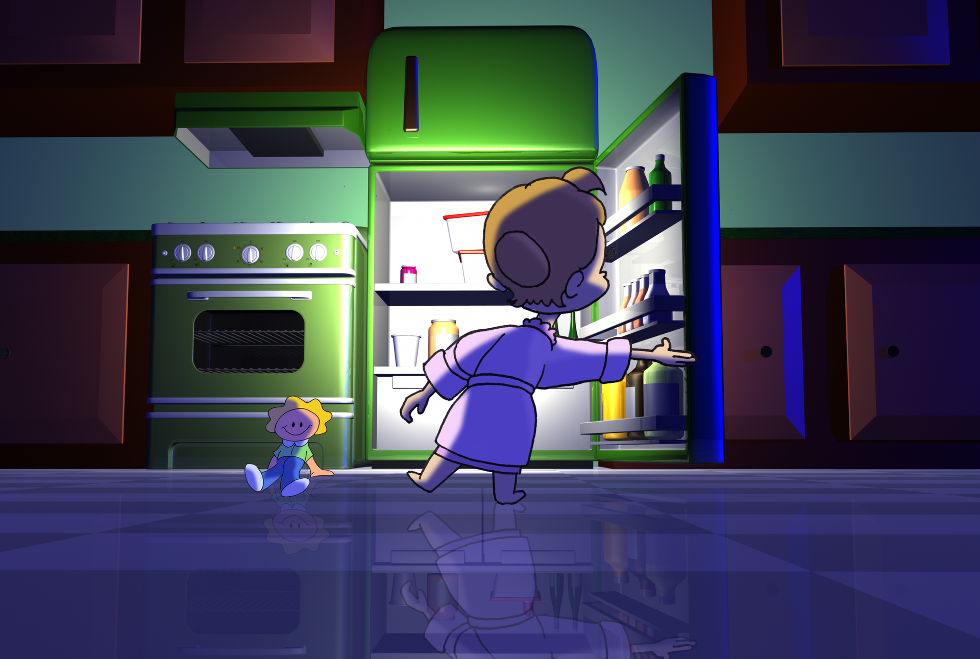 Cartoon child reaching into a green refrigerator in a purple-lit kitchen, with a small dog nearby