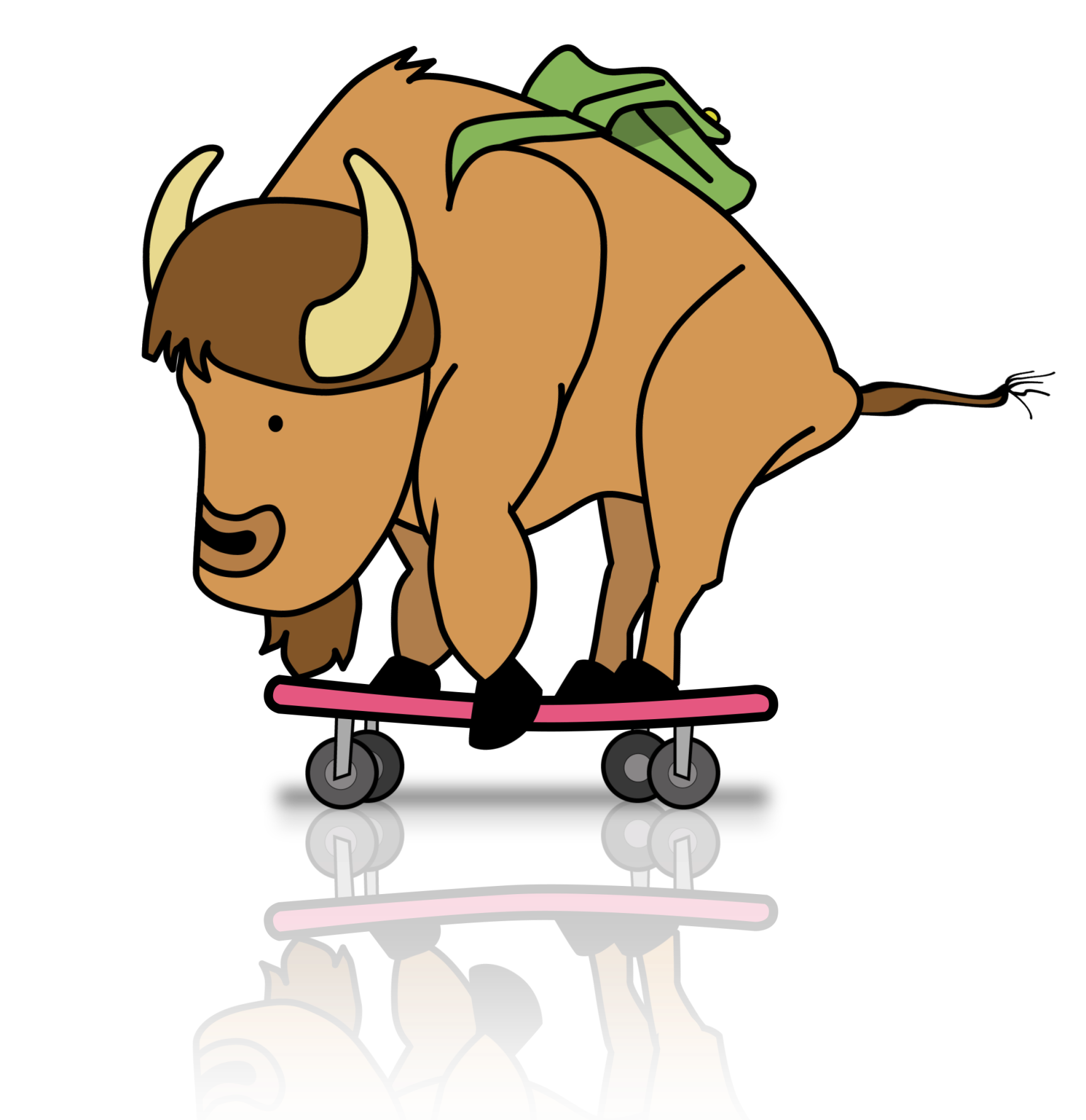 Cartoon bull riding a skateboard with a green backpack and a mirrored reflection below