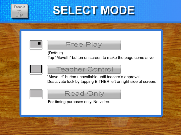 Game menu screen titled “SELECT MODE” with buttons for Free Play, Teacher Control, and Read Only.