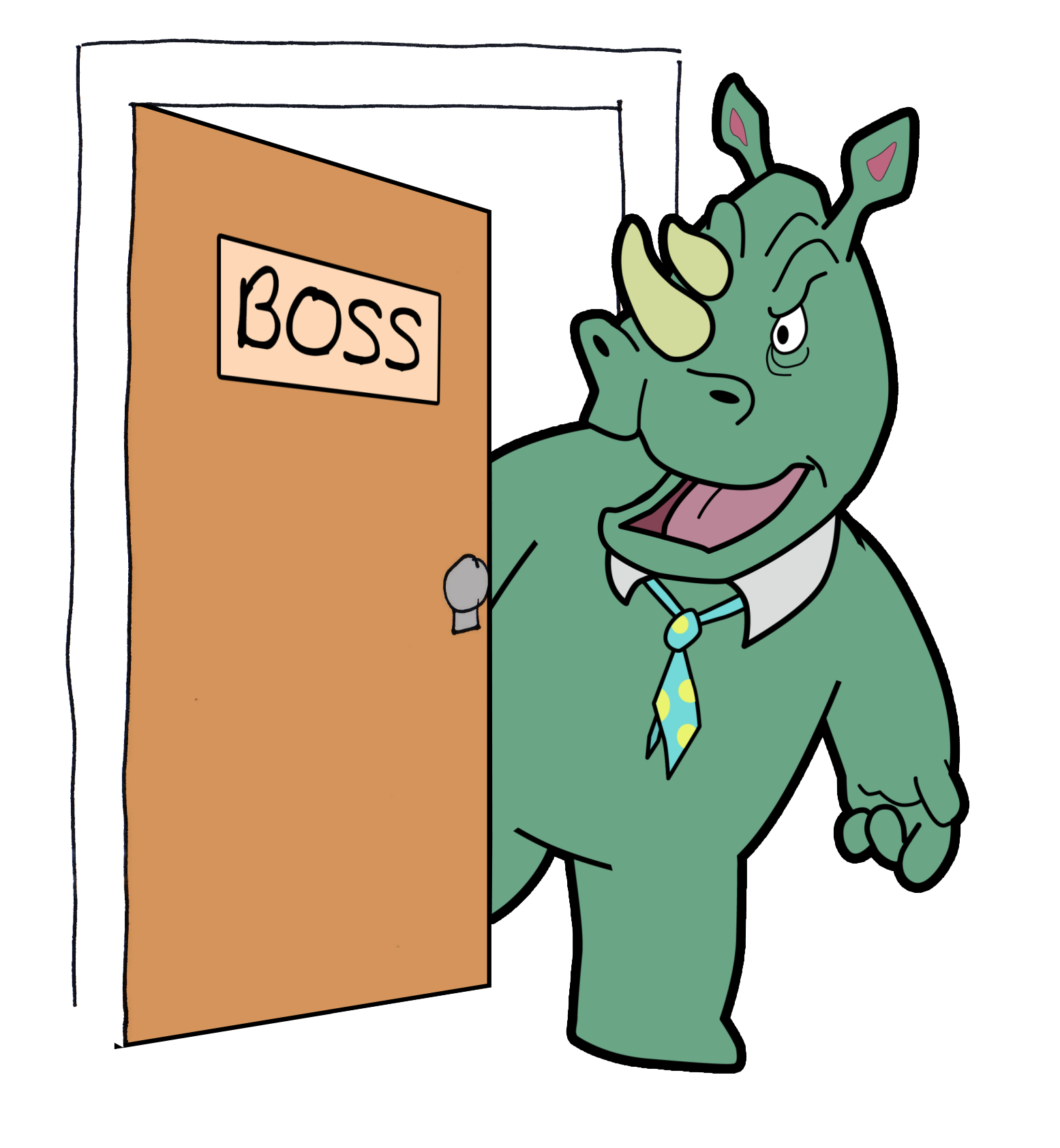 Cartoon green rhino in a shirt and tie opening a door labeled “BOSS”
