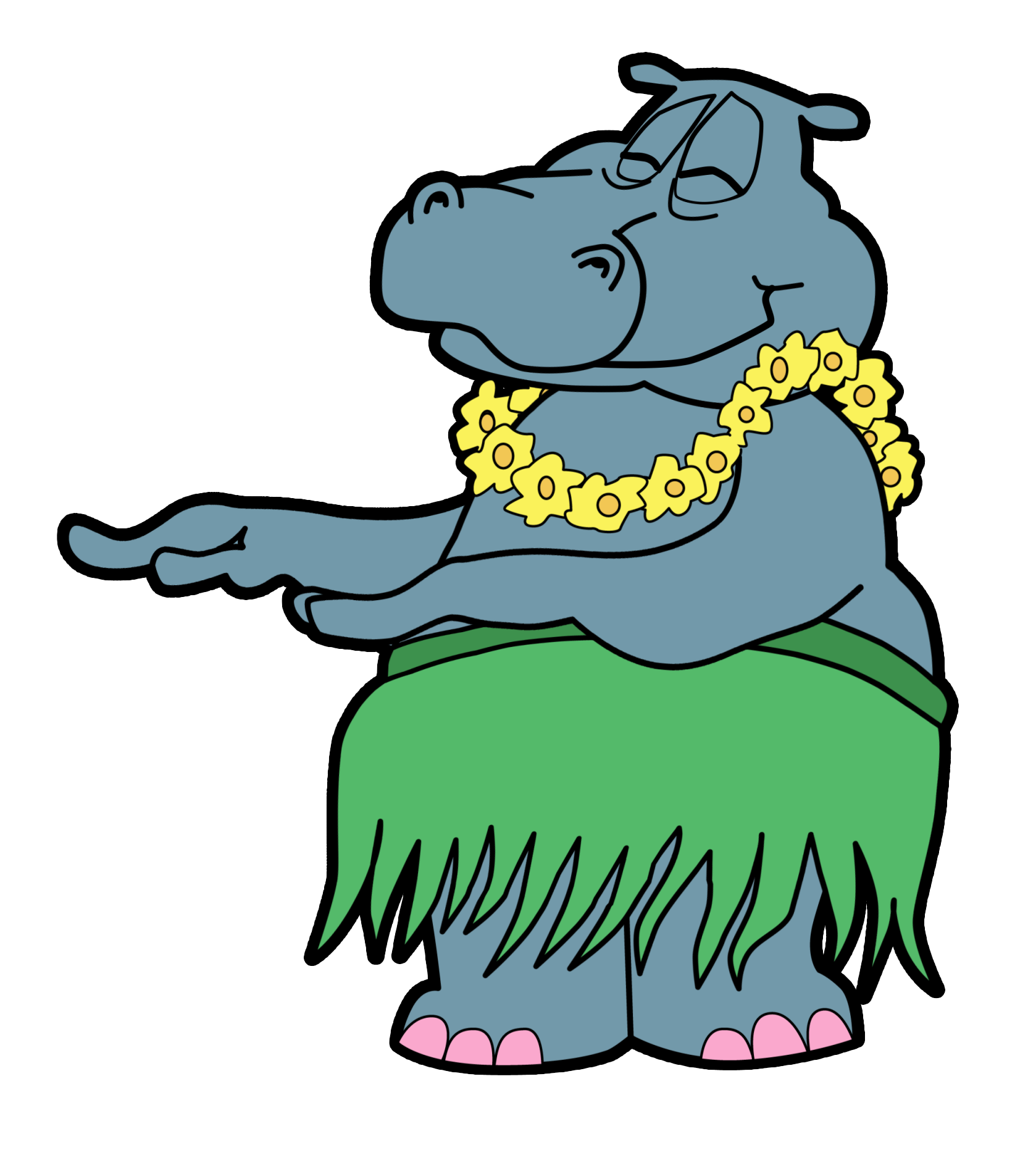 Blue cartoon hippo wearing a yellow flower lei and green grass skirt, dancing with eyes closed.