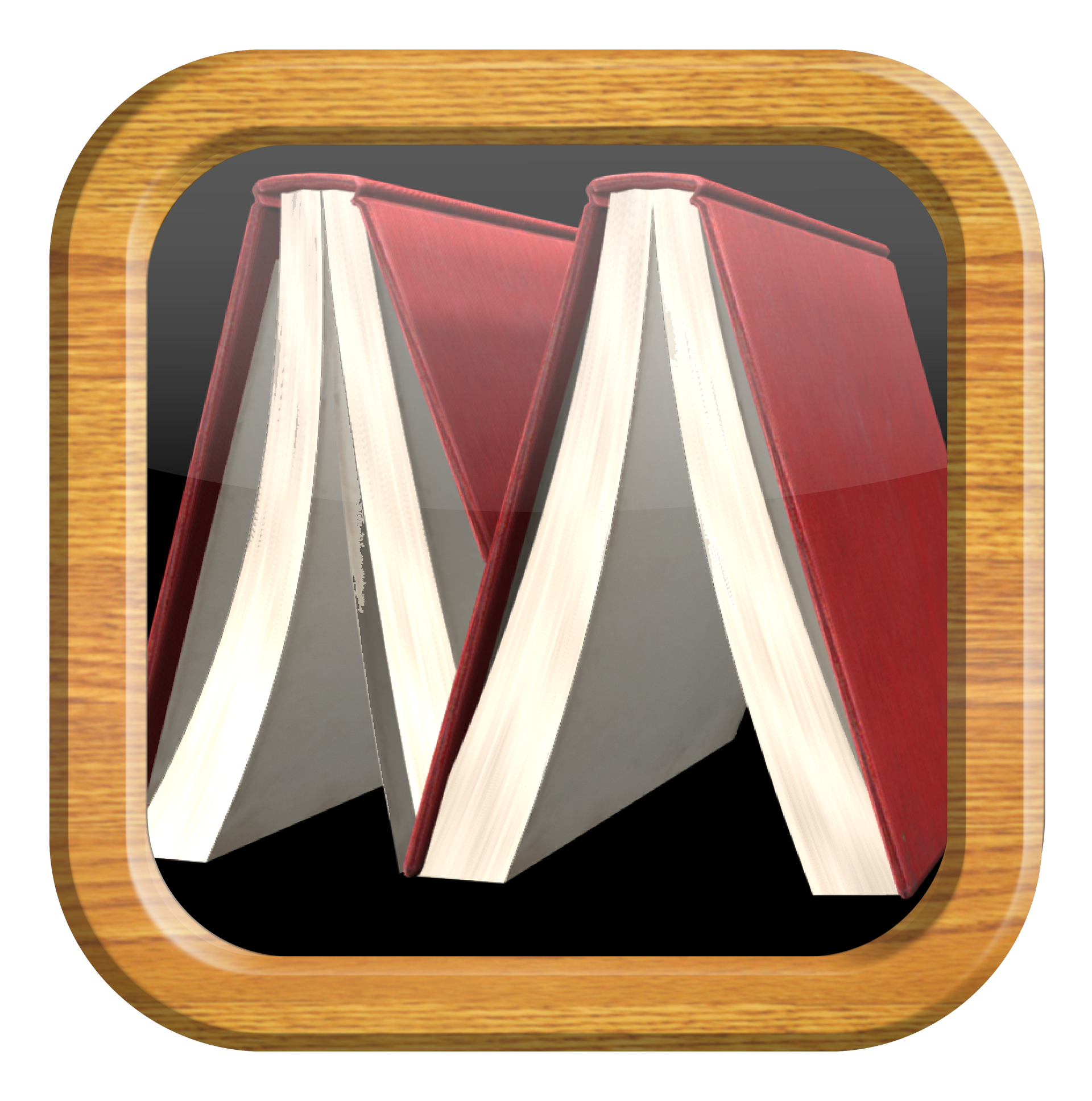 Red book icon with two open books on a wooden frame background