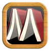 Red book icon with two open books on a wooden frame background