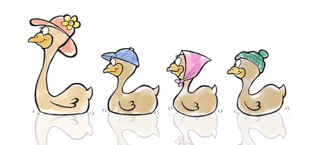 Four cartoon ducklings and a larger duck with floral hats, standing in a row on white background