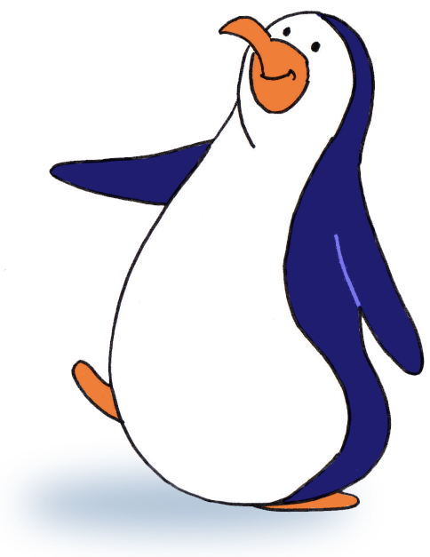 Cartoon penguin with a white belly, dark blue back, and orange beak, flippers, and feet, posing playfully