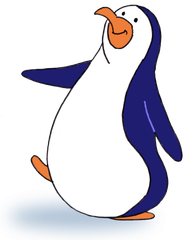 Cartoon penguin with a white belly, dark blue back, and orange beak, flippers, and feet, posing playfully
