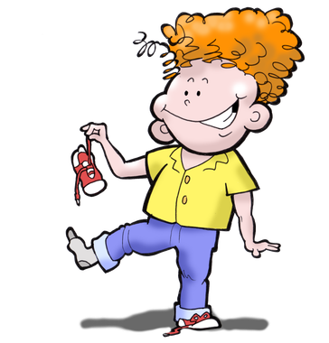 Cartoon child with curly orange hair holding a red can, smiling and balancing on one foot.