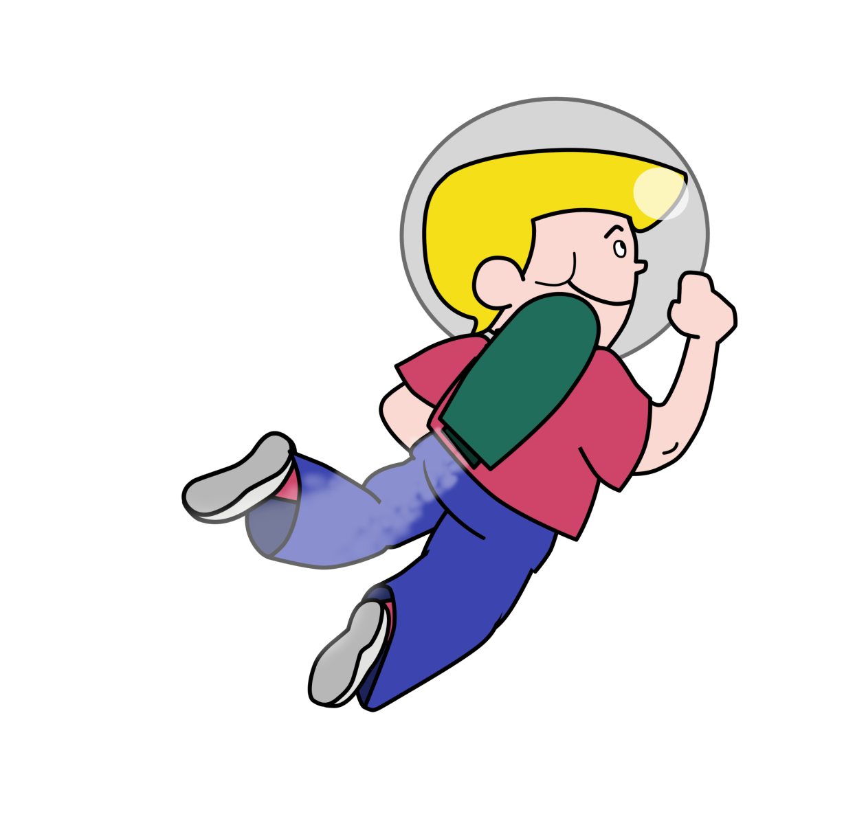 Cartoon person with a helmet and green scarf flying sideways, arms bent, on a white background