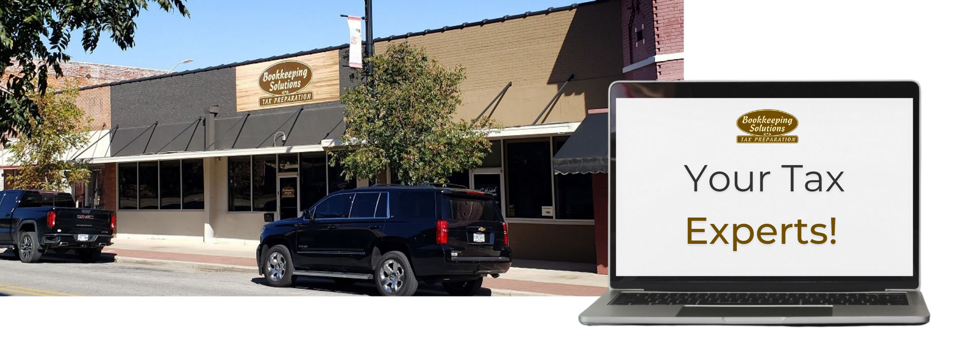 Storefront with a laptop sign reading “Your Tax Experts” in front of a tan building and parked car.
